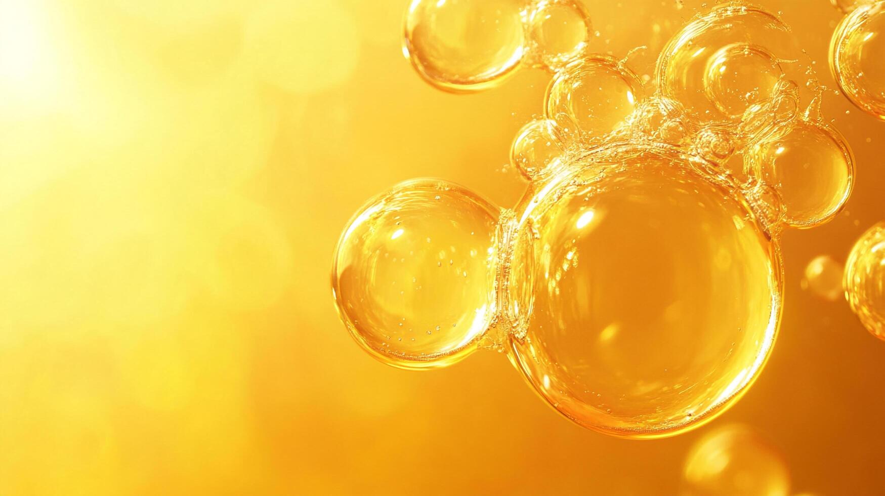 Yellow background with many bubbles of different sizes. The bubbles are floating in the air and appear to be made of a clear liquid. Concept of playfulness and lightheartedness photo