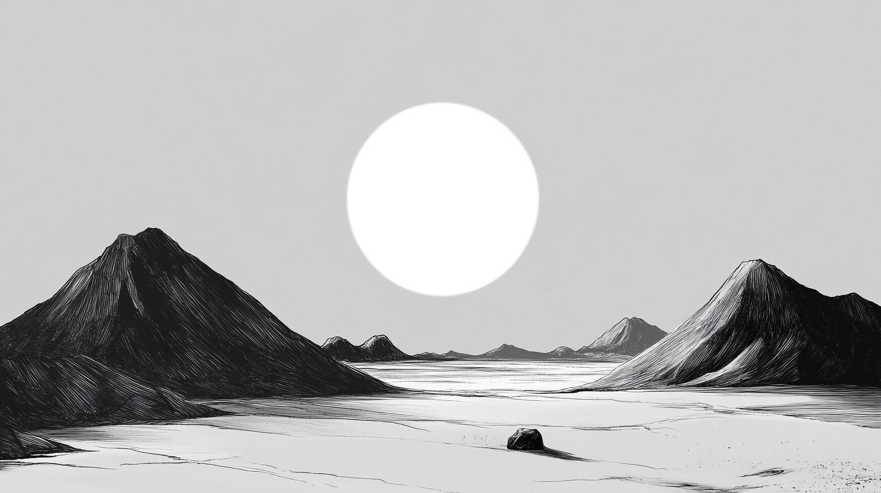 Monochrome landscape featuring mountains under a bright sun. The horizon is distant, the foreground includes a flat expanse and dark rock. photo