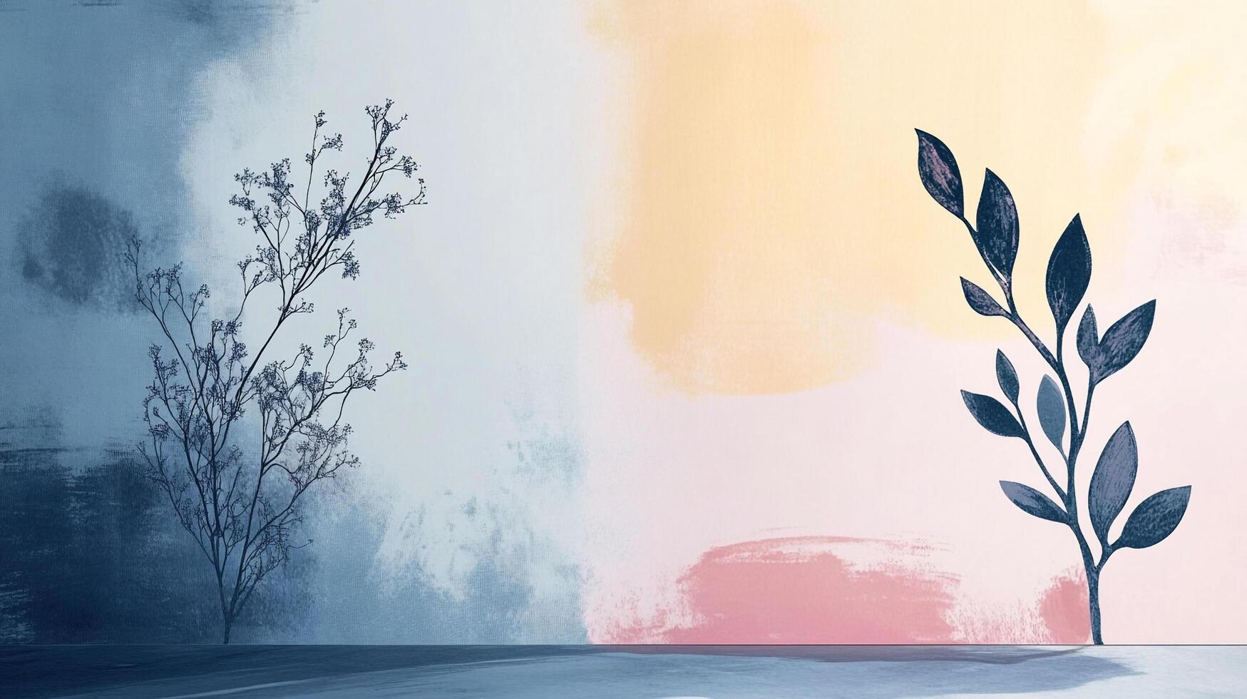 Serene botanical composition with delicate branch silhouettes against a watercolor backdrop. A peaceful, nature-inspired artwork. photo