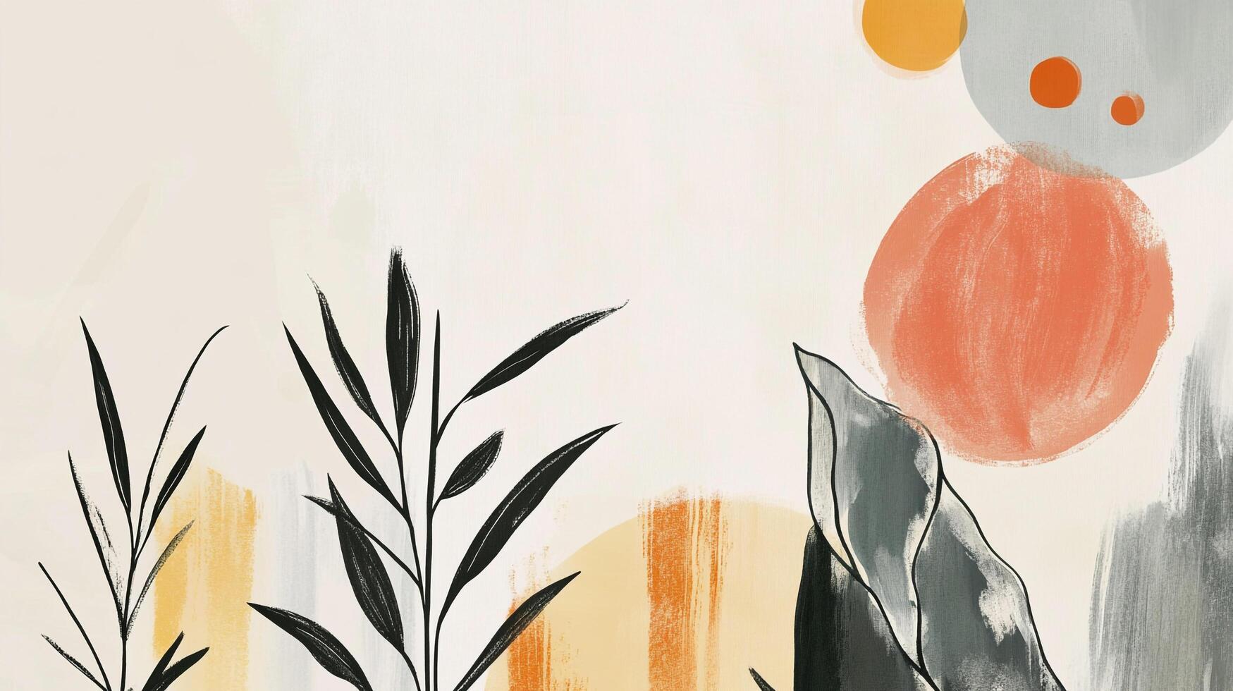 Abstract painting with black plants, orange circle, and blue circles on a beige background. Minimalist, trendy, and suitable for wall art. photo
