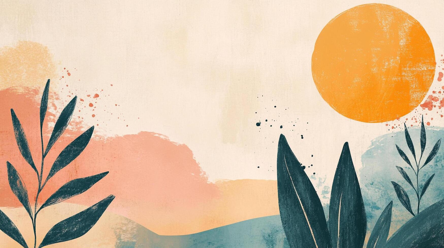 A serene botanical illustration featuring stylized plants, a warm sun, and soft, blended colors creating a peaceful, artistic impression. photo