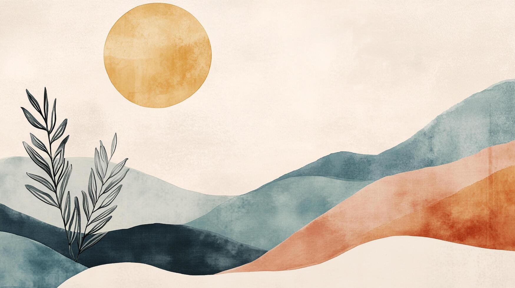 Serene landscape art featuring soft watercolor washes of blue, peach, and orange forming hills beneath a golden sun, complemented by subtle foliage. photo
