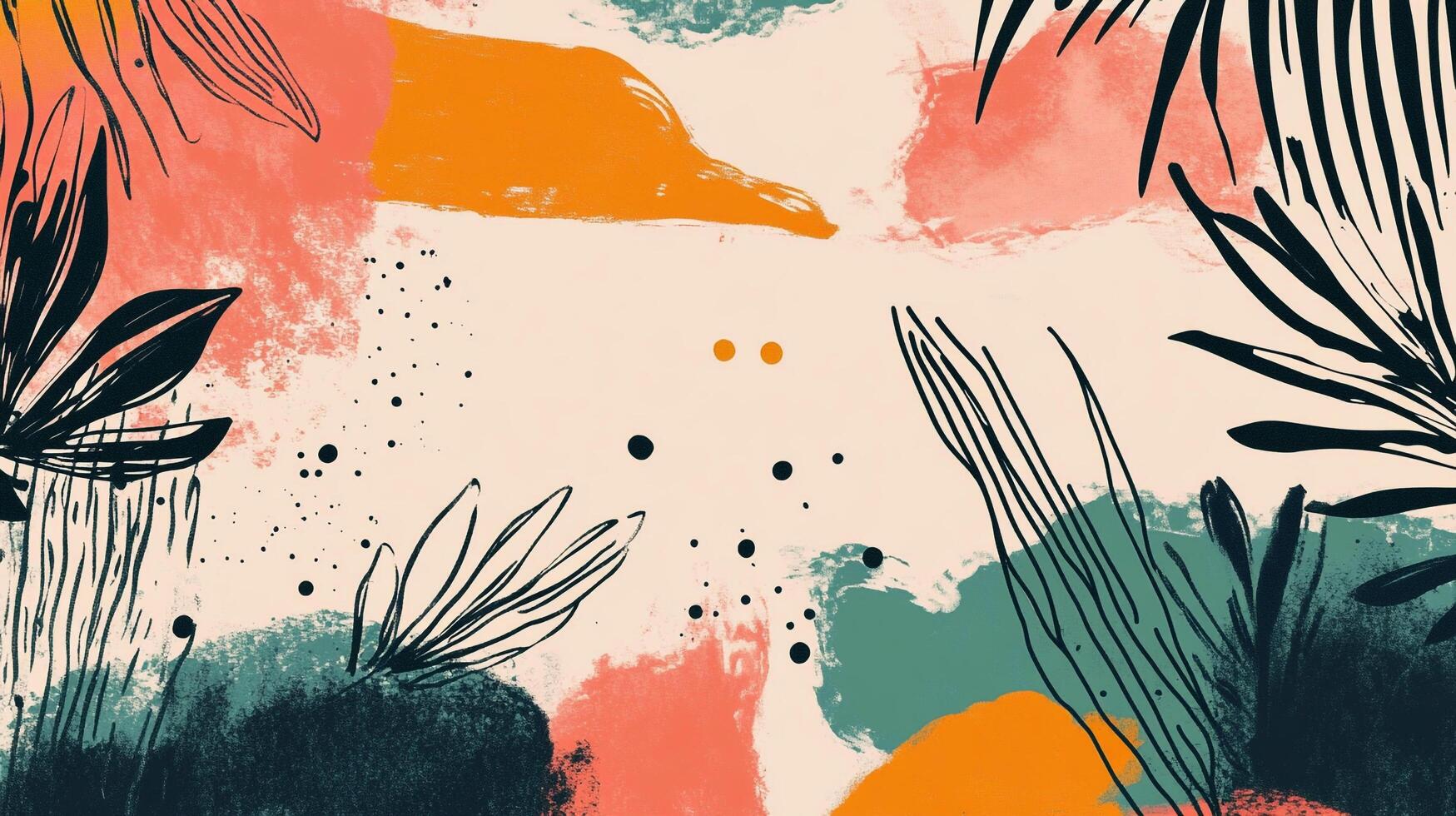 Abstract floral and botanical illustration with splashes of teal, orange, and pink paint, black lines, and dots on a beige background. photo