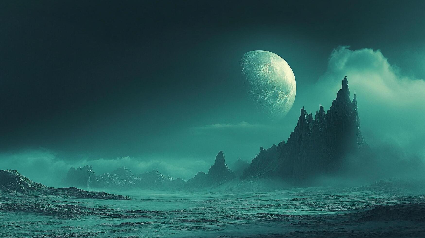 Mystical world with a celestial body, jagged mountain peaks emerging from fog. A landscape painted in shades of teal and dreamlike quality. photo