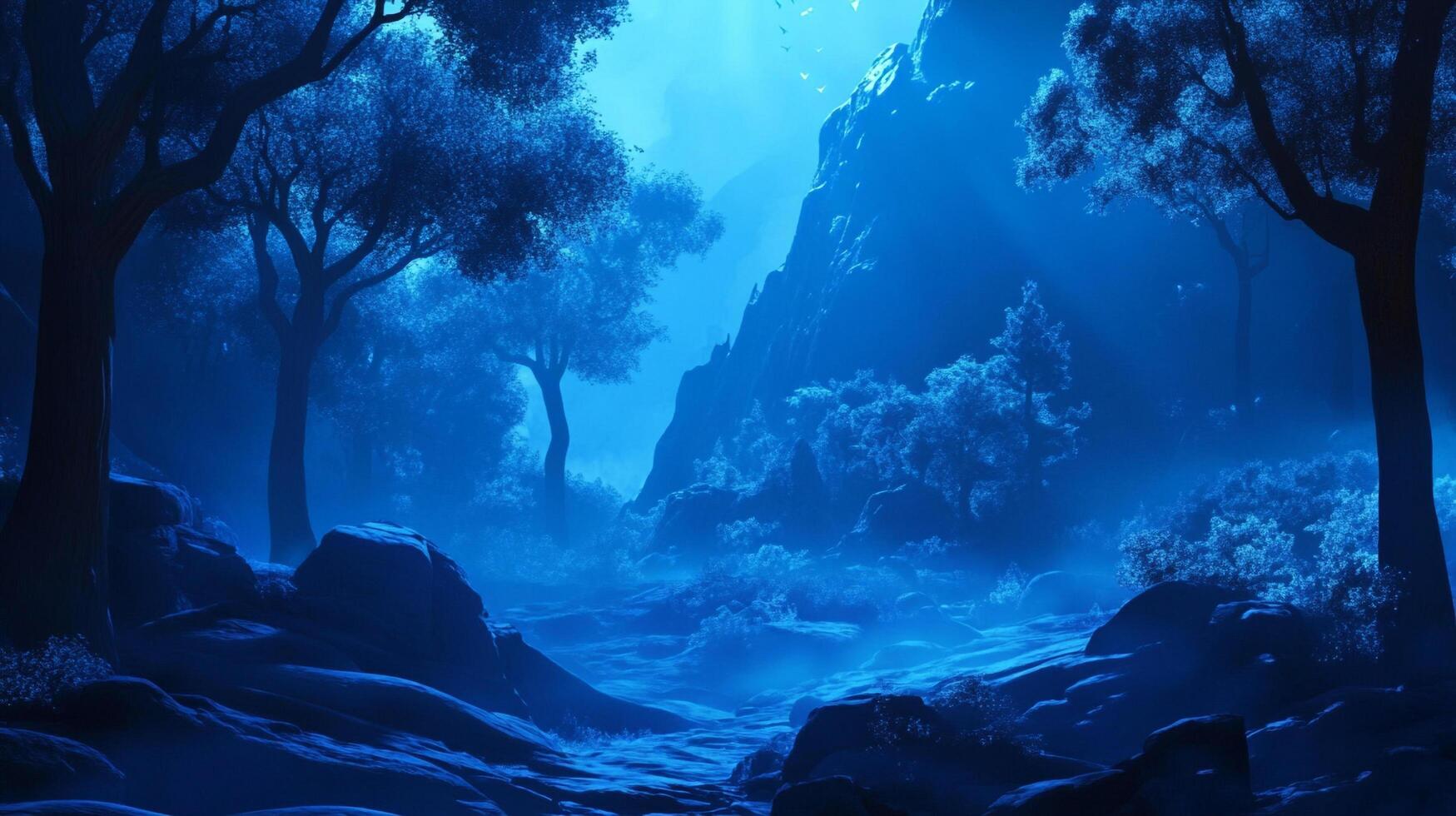 A serene, blue-toned landscape featuring mountains and trees. The monochromatic color scheme creates a calm atmosphere. It feels tranquil. photo