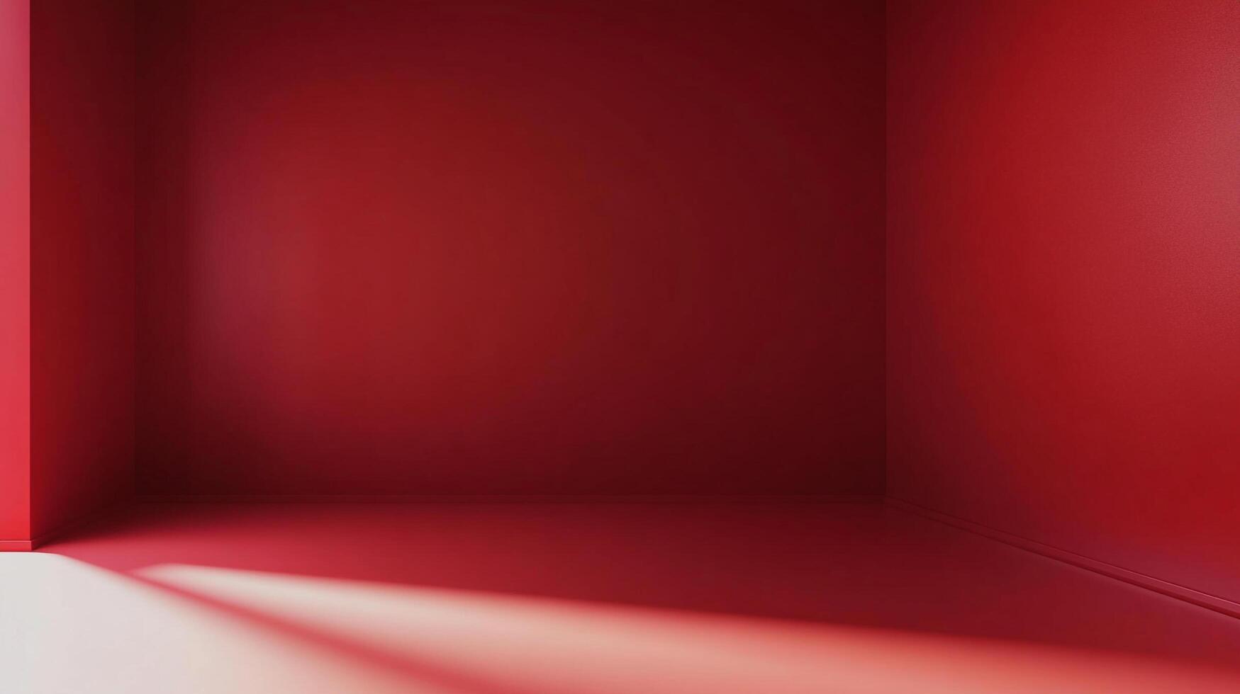 A minimalist perspective, rich red walls and floor of an empty room illuminated by a warm light creating stark shadows and visual depth. photo