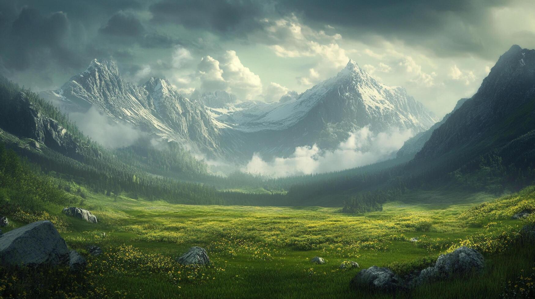 Lush alpine meadow nestled among towering peaks, blanketed in vibrant green grass and wildflowers. A serene mountain landscape vista. photo