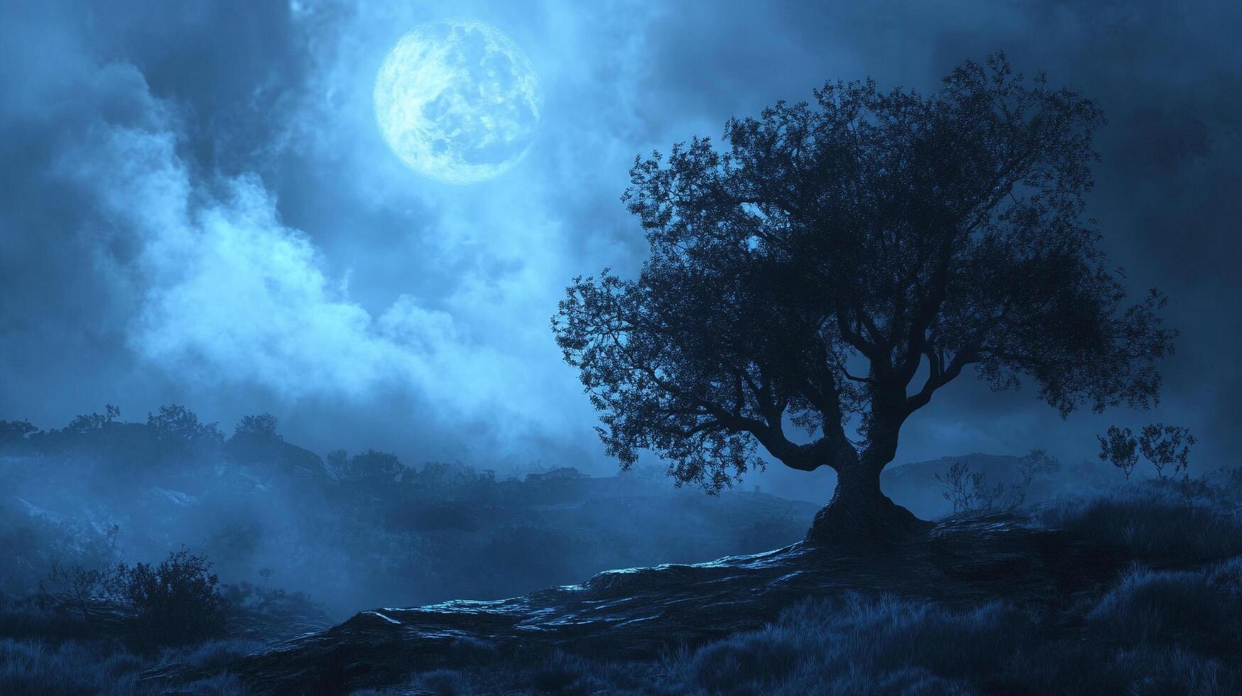Dramatic moonlight illuminates a lone tree silhouetted against the night sky, casting an ethereal glow on the misty landscape. photo
