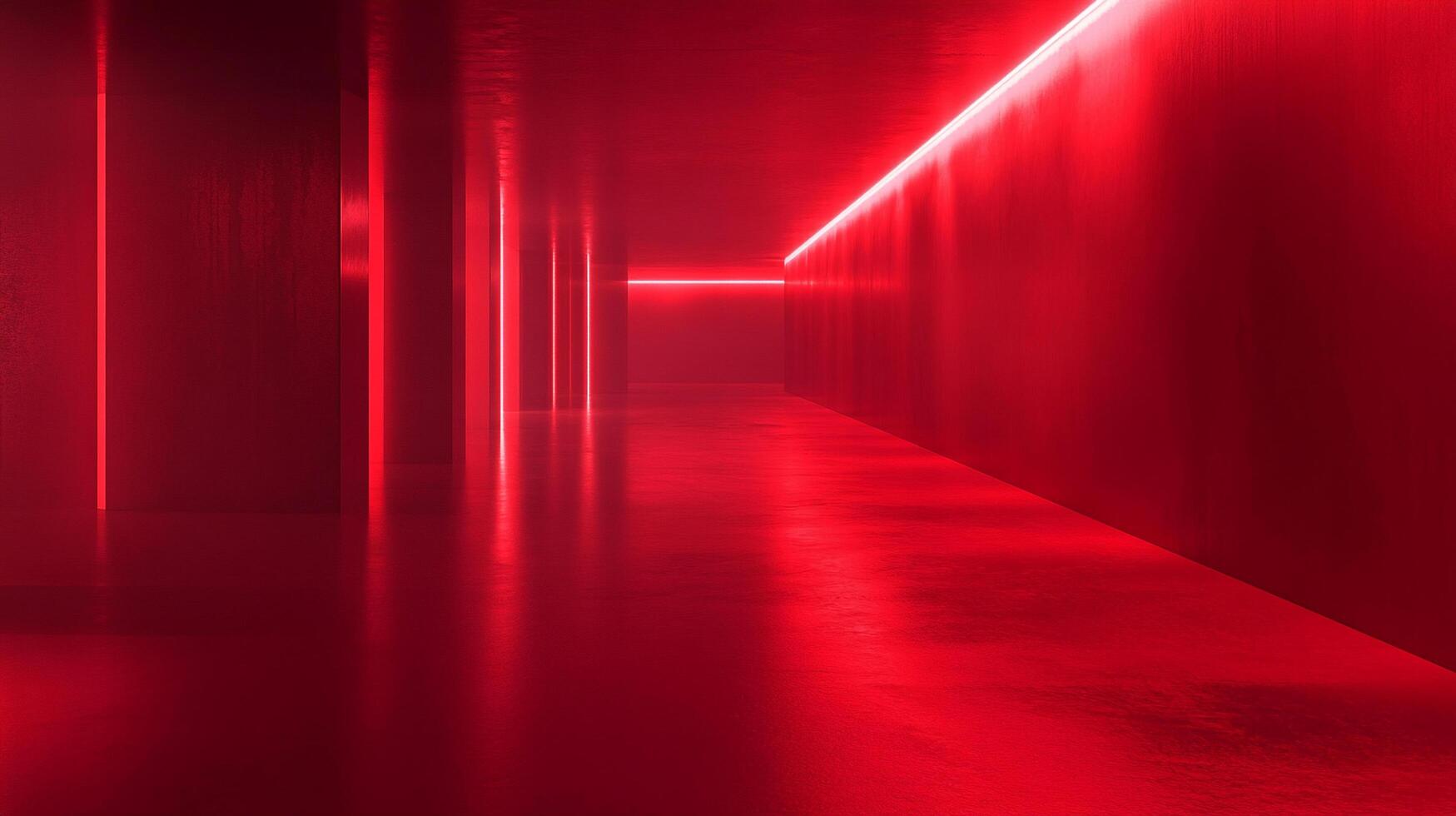 An abstract minimalist architecture features a corridor awash with red ambient light, creating a futuristic, atmospheric setting. photo
