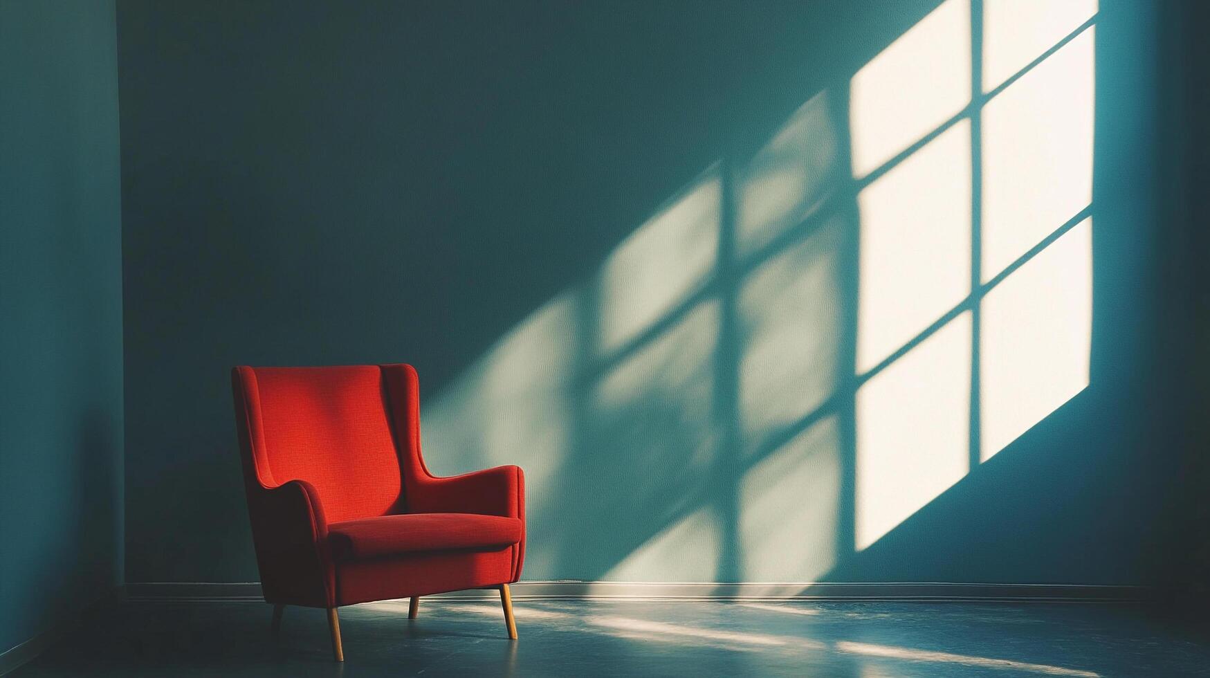Cozy corner with a vibrant red chair, bathed in sunlight streaming through a window, casting geometric shadows on the dark blue wall. photo