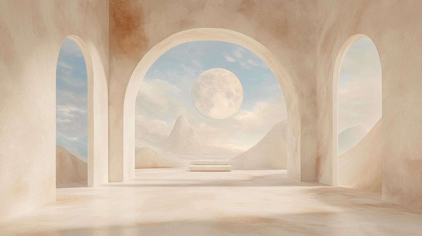 Abstract architectural space with arches framing a serene desert landscape under a large moon, creating a minimalist, ethereal aesthetic. photo