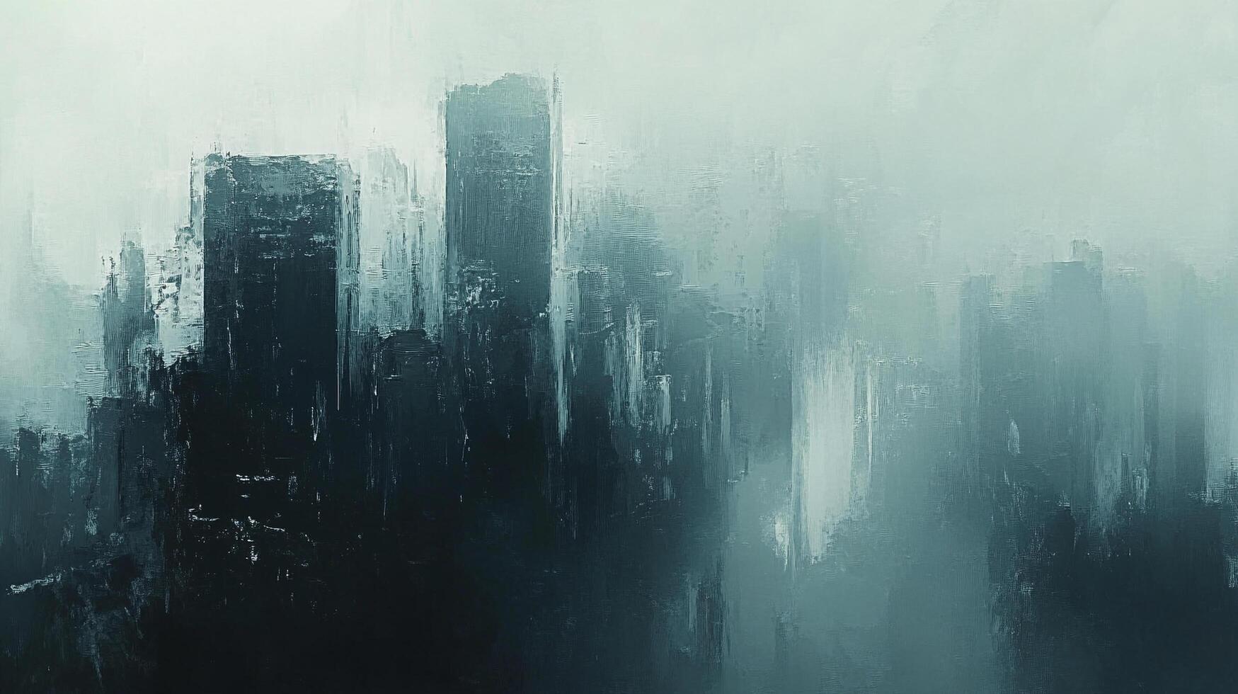 Abstract city skyline painting, showcasing dark buildings against a misty, blurred background, creating a somber, atmospheric effect. photo