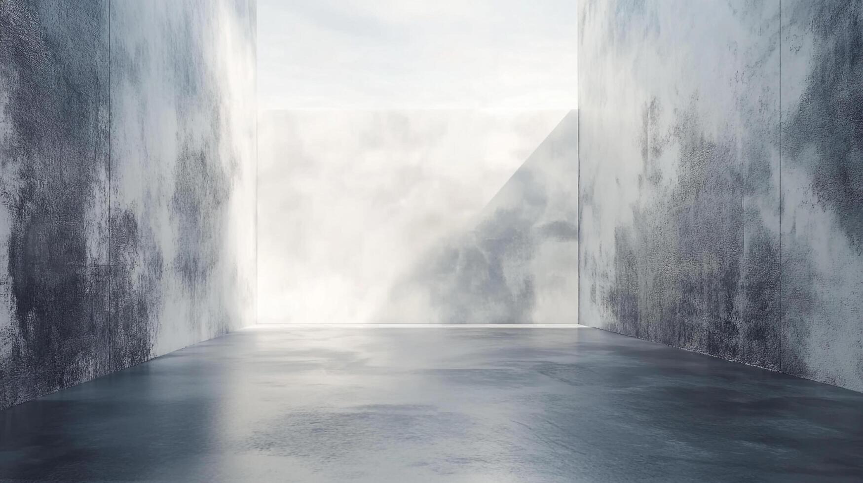 Ethereal concrete architecture featuring stark walls and a bright, cloud-filled opening, evoking minimalist design and serene space. photo