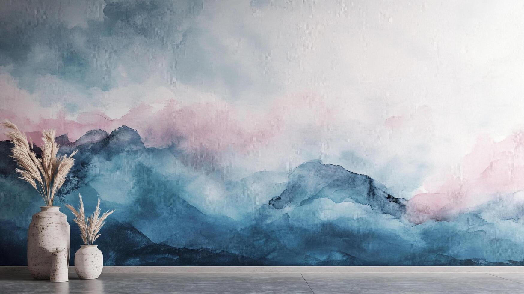 Serene landscape with soft watercolor mountains and vases filled with pampas grass. A peaceful, artistic backdrop. photo