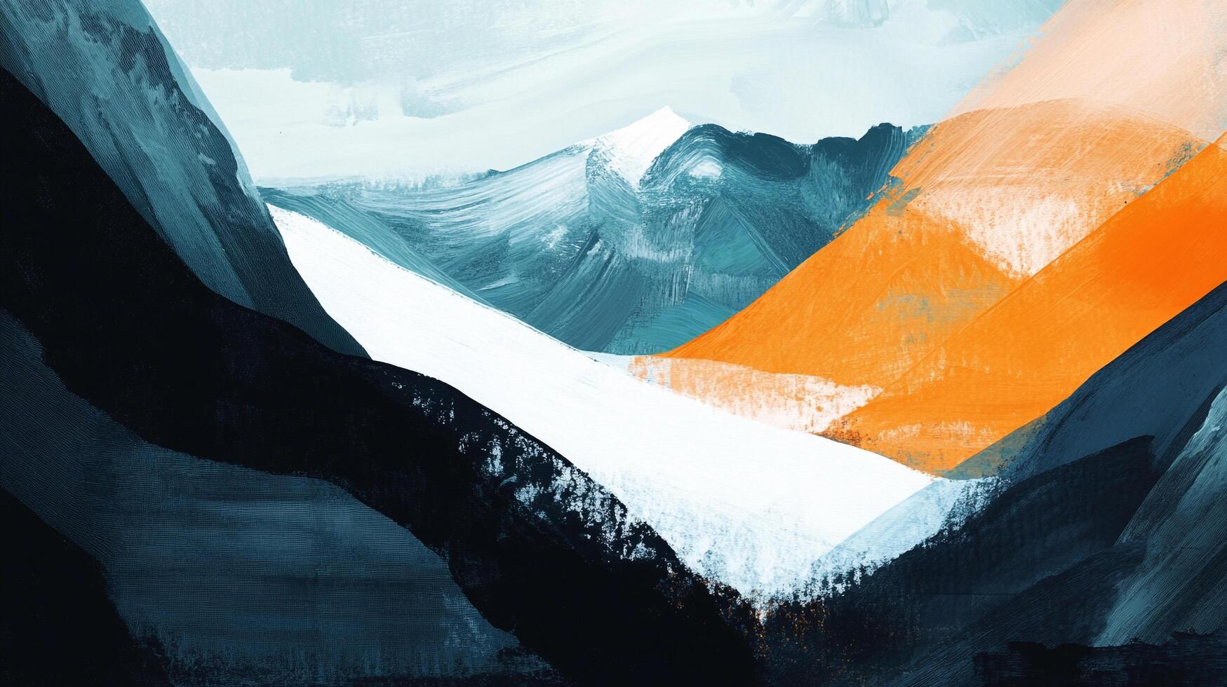 Abstract mountain range in a vivid artistic style with snowy peaks, dark shadows, and splashes of orange paint on the hillsides. photo