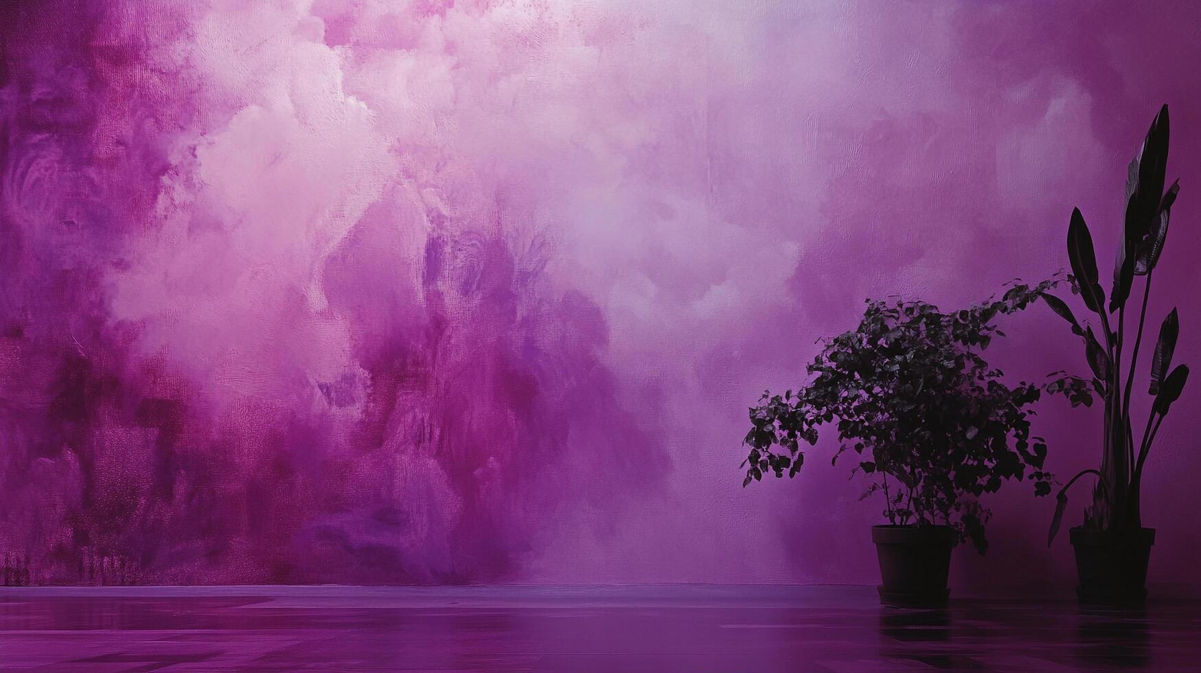 An artistic interior showcases a deep purple backdrop reminiscent of abstract watercolor, complemented by potted plants, creating a serene scene. photo