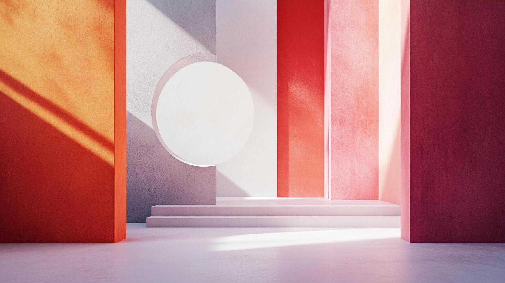 Abstract minimalist design with bold colors and geometric shapes, casting shadows in a serene architectural setting. Light and shadow play. photo