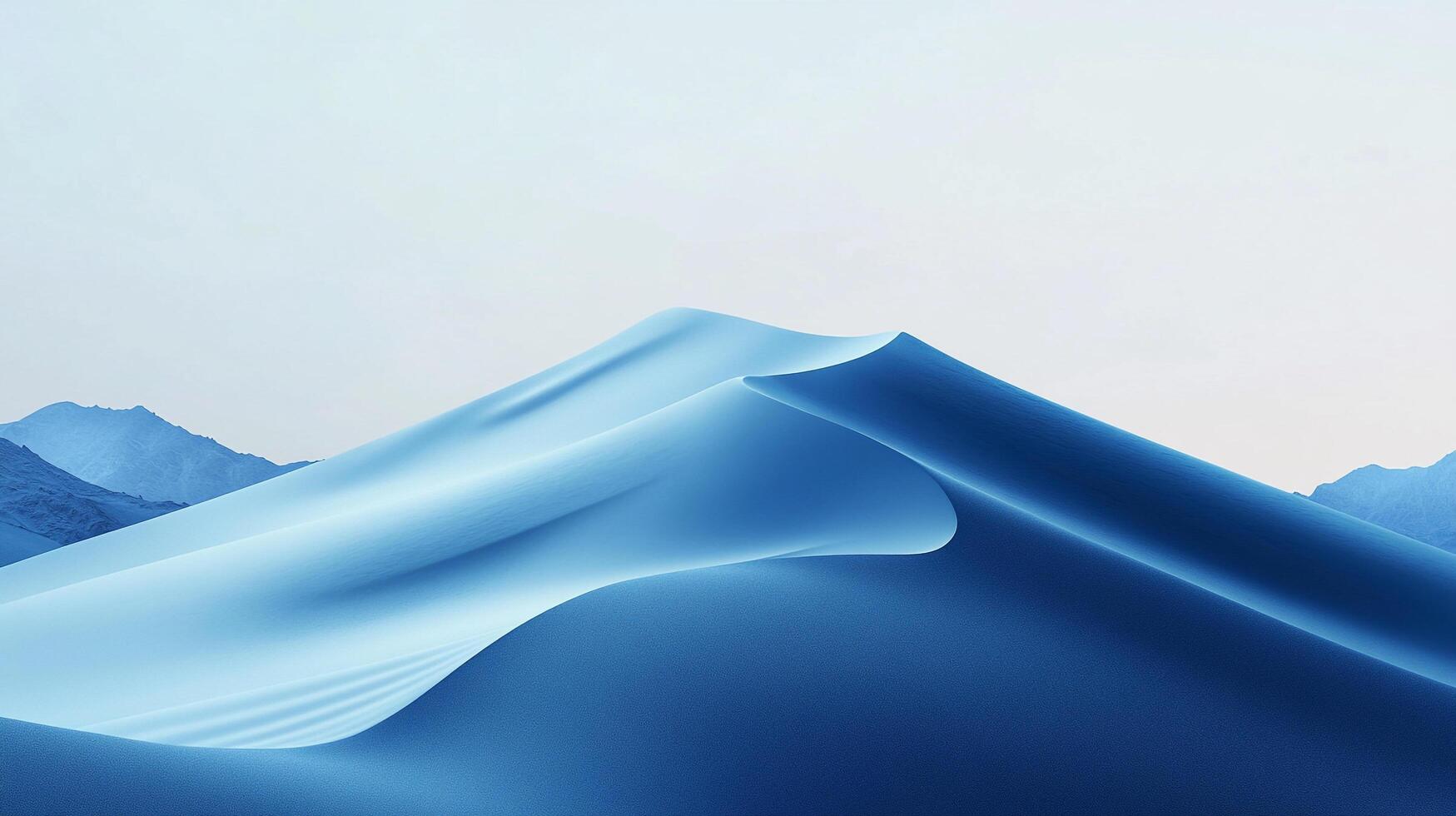 Vibrant blue desert landscape with undulating dunes under a pastel sky and distant mountains, evoking a sense of calm and expansiveness. photo