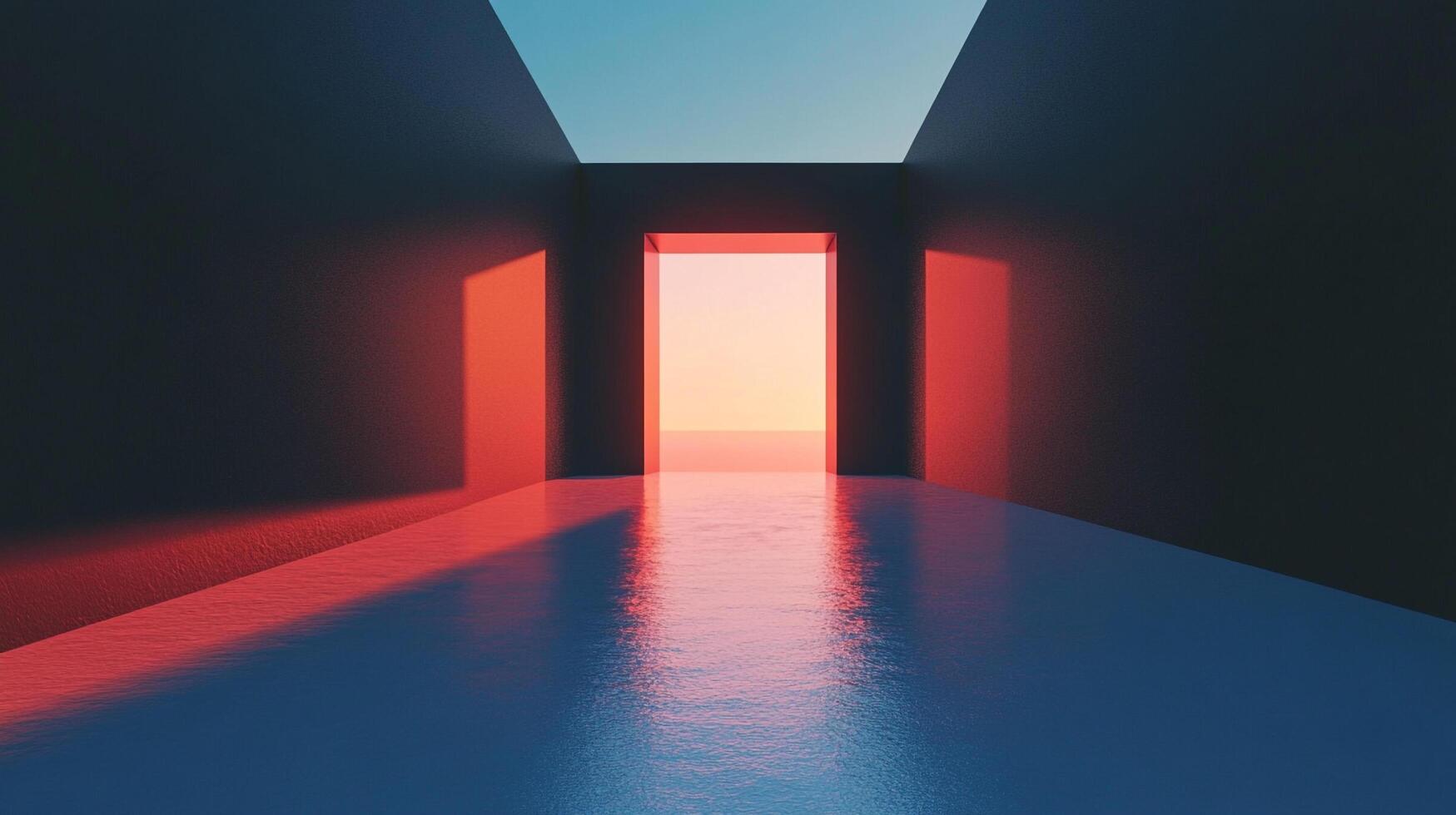 Architectural view of a hall illuminated by intense colored light streaming from an end opening, with a minimalist and clean aesthetic. photo