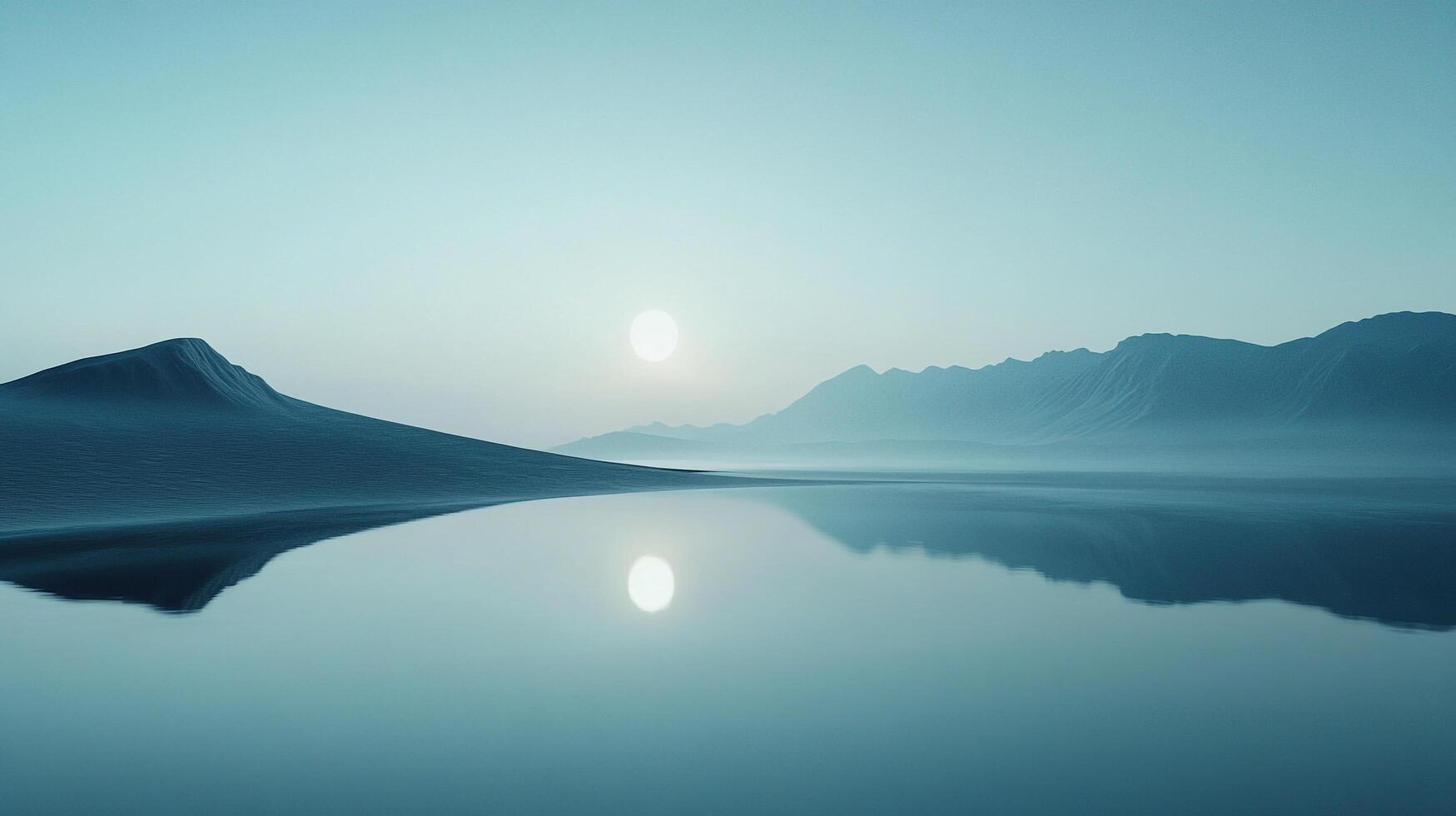 Serene landscape with mirrored reflection of mountains and a glowing sun, creating a tranquil and ethereal scene. photo