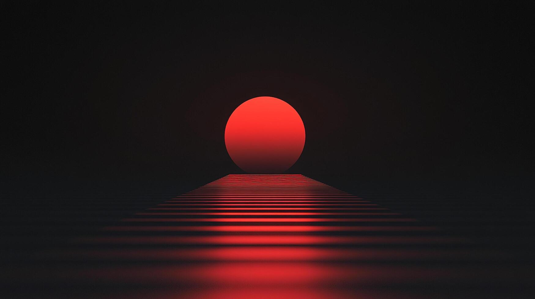 A striking red sphere hovers above a linear plane, bathed in red light against a dark backdrop, creating a surreal, minimalist landscape. photo