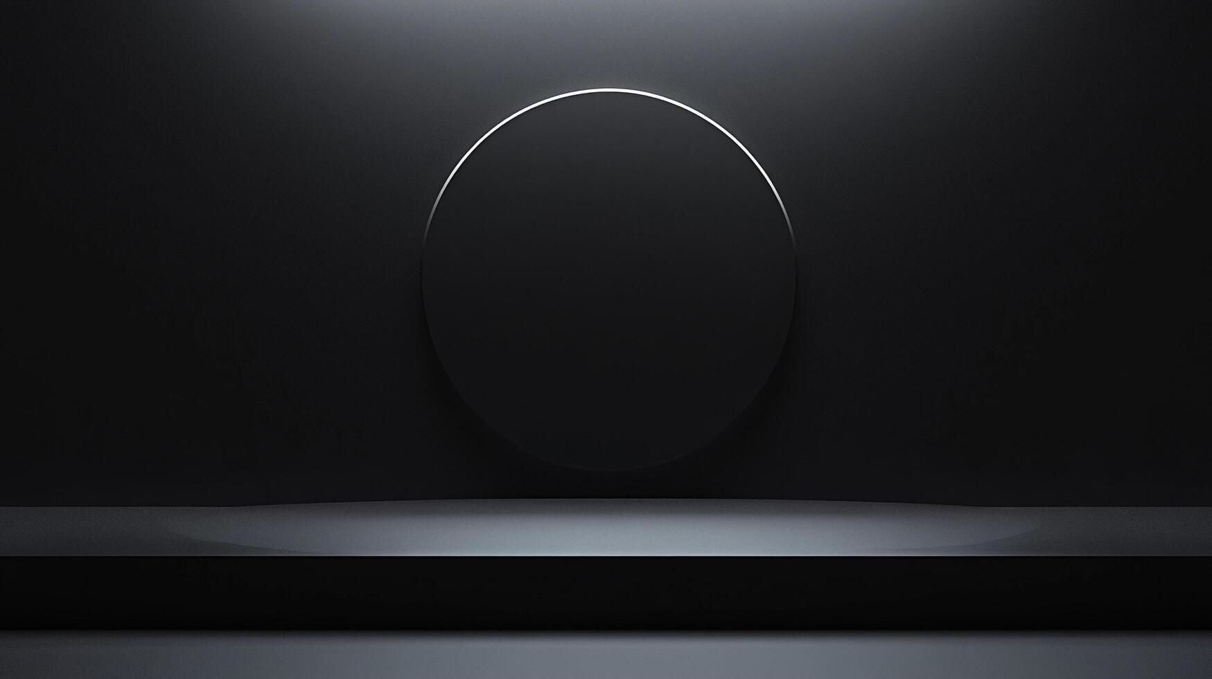 Monochromatic minimalist background featuring a circular graphic element against a dark wall, accented by subtle lighting and platform. photo