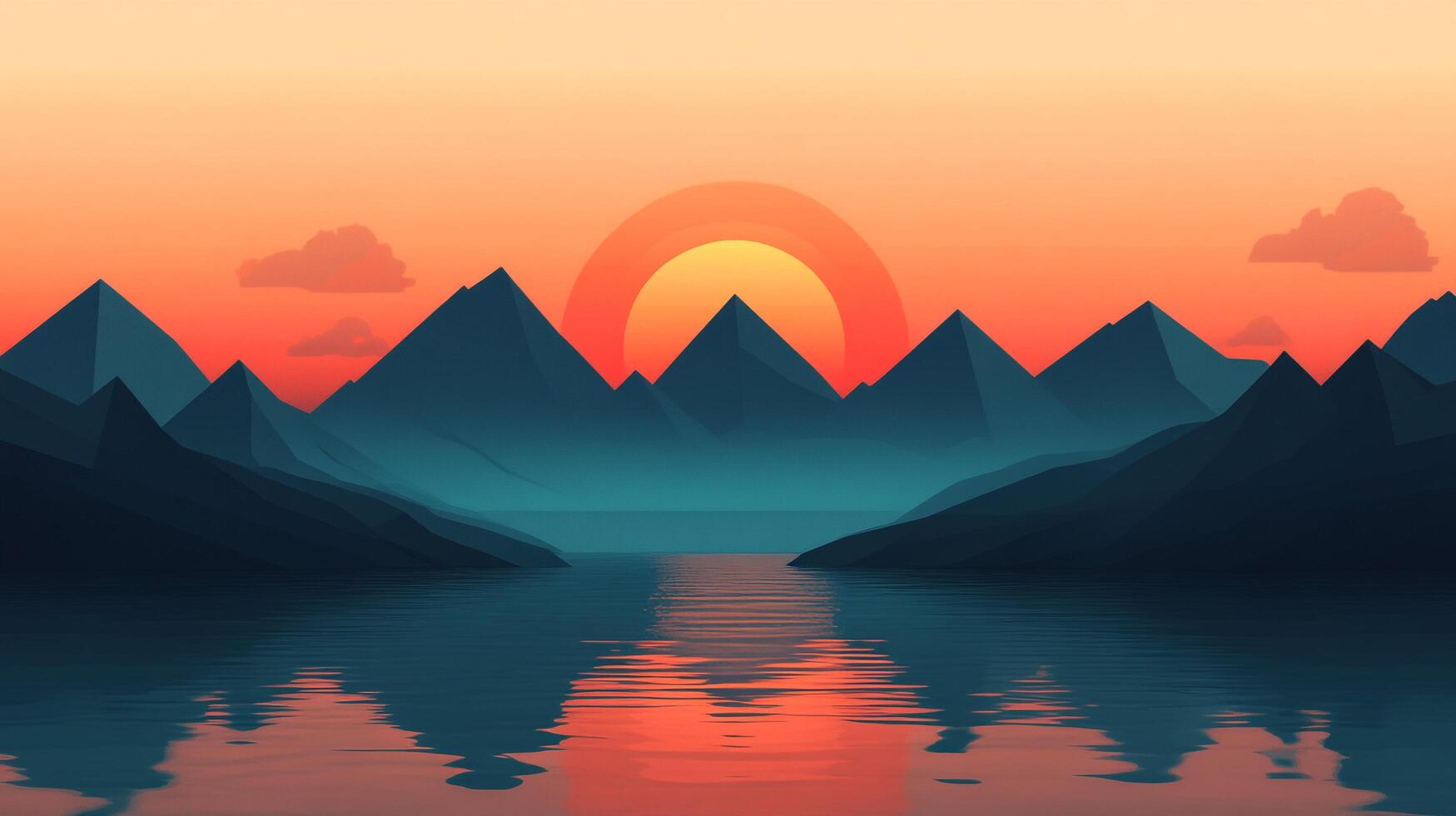 Serene mountain range silhouetted against a warm sunset sky, reflected in the tranquil waters below. Peaceful, minimalist landscape. photo