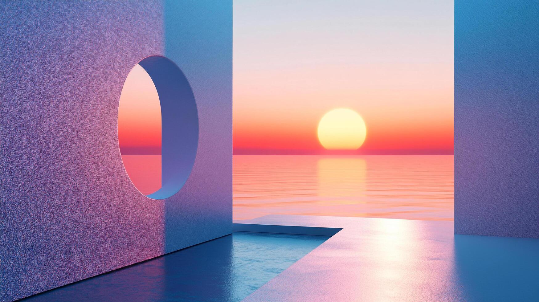 Abstract view of a vivid sunset sky and ocean with a cutout and platform, creating a surreal and serene atmosphere. Aesthetic. photo