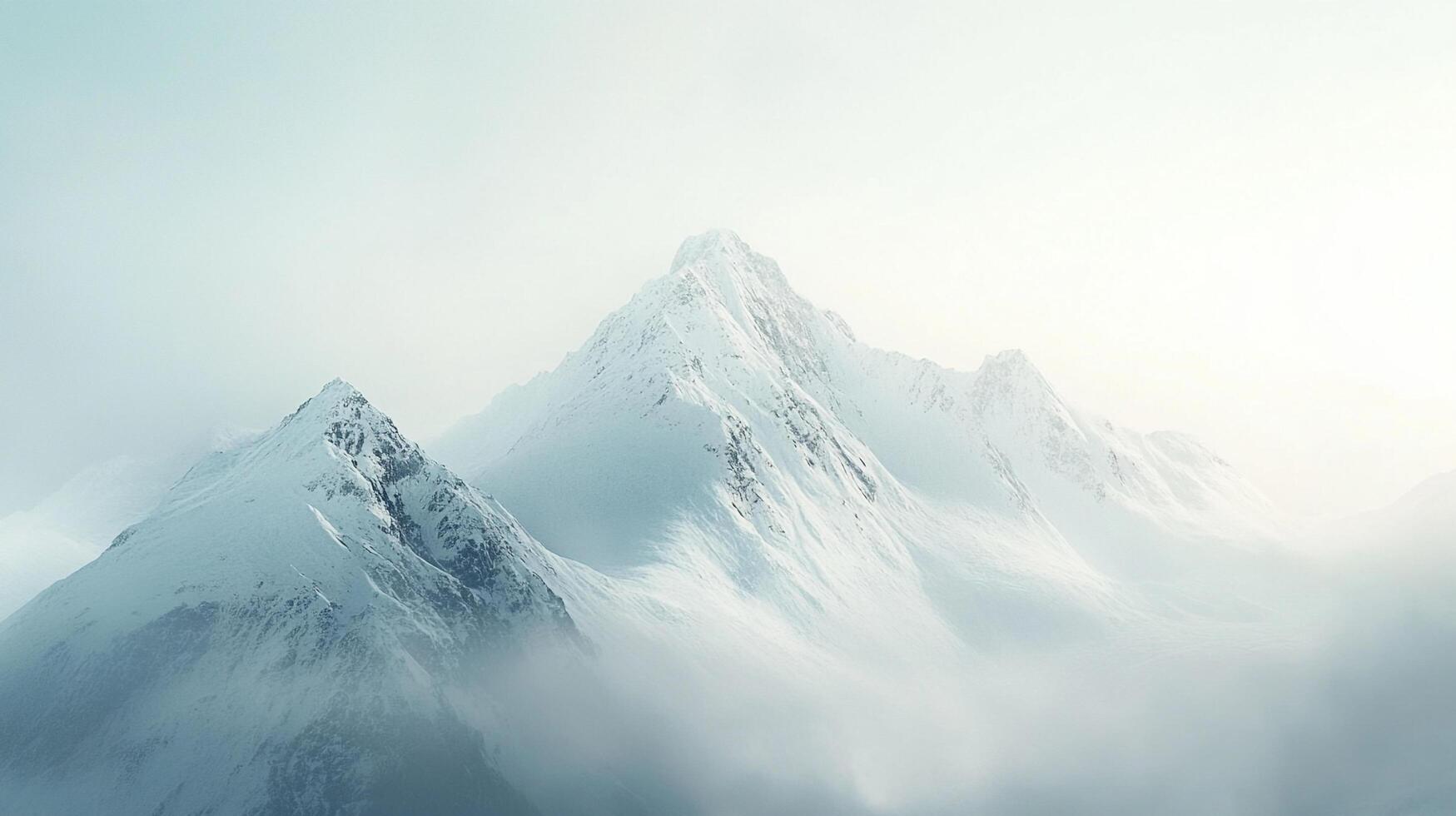 A majestic, snow-covered mountain range piercing through the misty atmosphere, a symphony of whites and blues in a serene landscape. photo