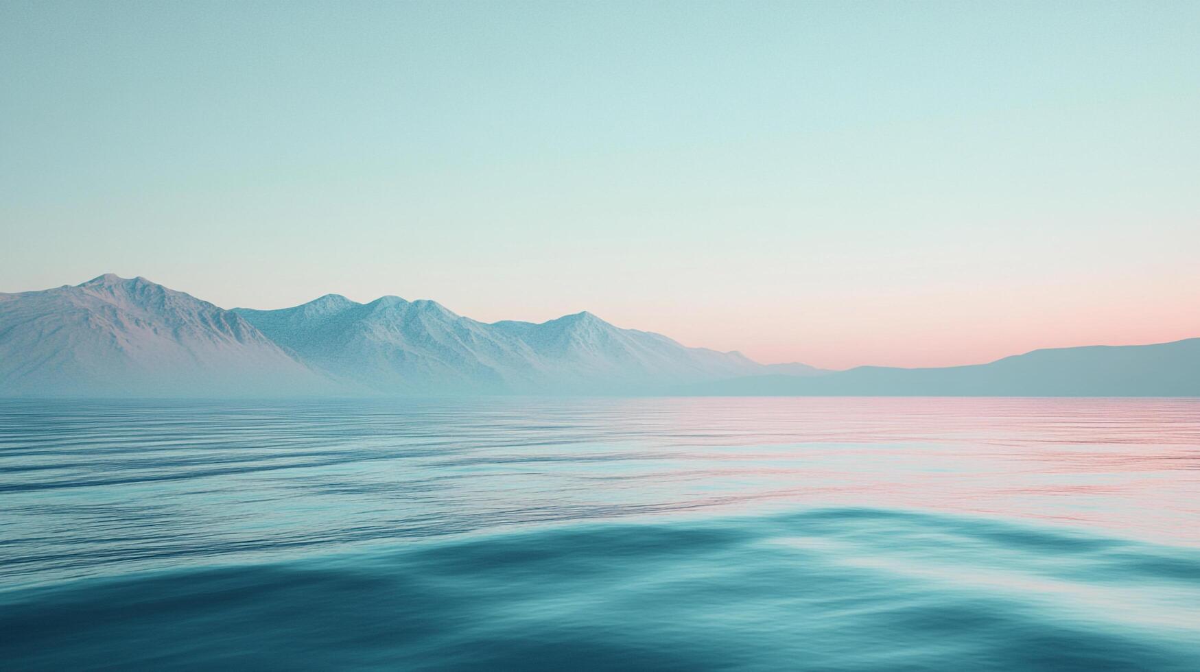 Serene landscape featuring calm ocean waters reflecting pastel sky, with distant mountains adding tranquil backdrop. Dreamy horizon scene. photo