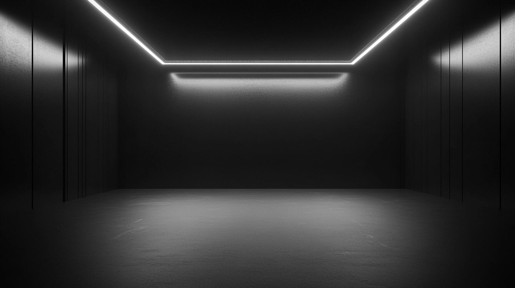 An abstract black room features a glowing square light fixture on the ceiling, highlighting the minimalist modern design. photo