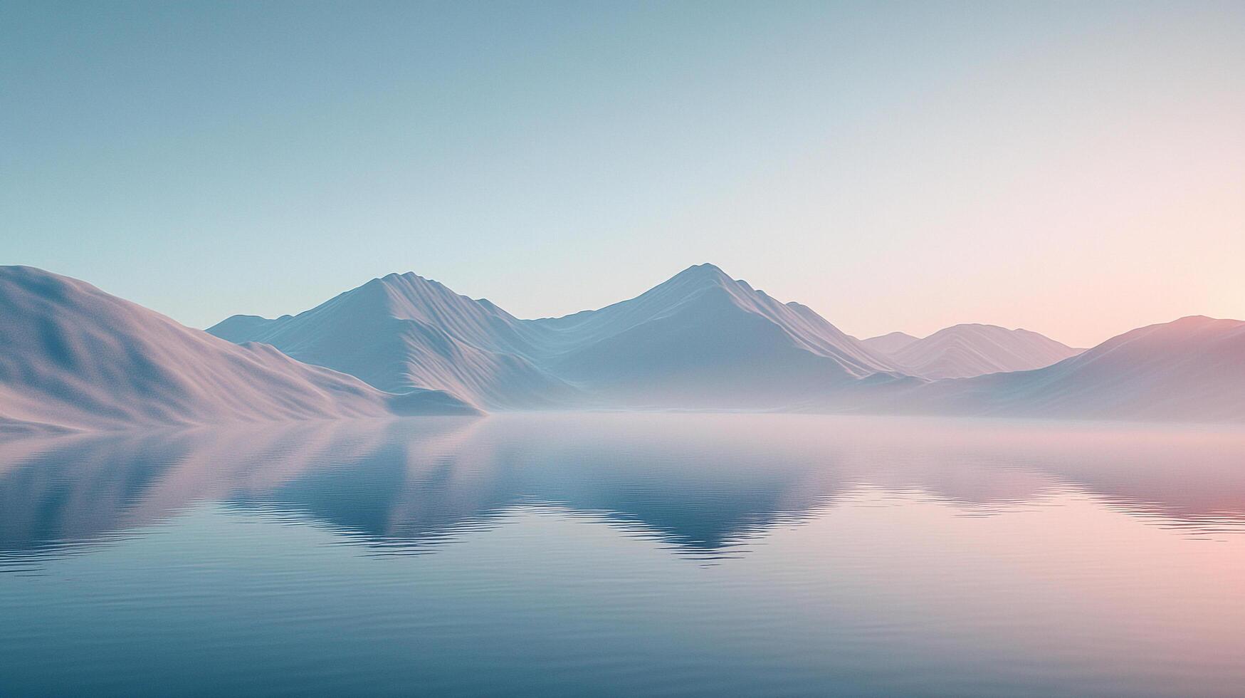 Serene mountain range reflected in a calm, blue lake at dawn. The sky is soft pastel hues with gentle light illuminating peaks. photo