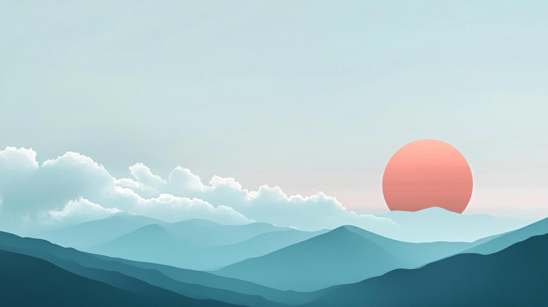 Peaceful mountain range against a pale sky with clouds and the sun rising in a serene landscape illustration. photo