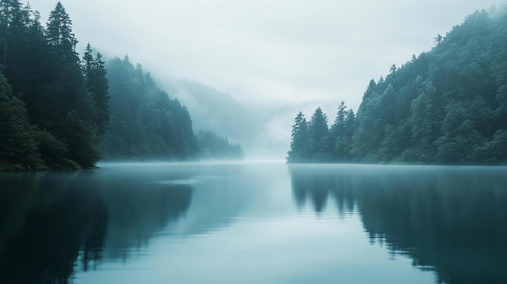 A tranquil mountain lake reflects the misty, forested hillsides under a serene sky. Mist hangs low, creating a peaceful atmosphere. photo