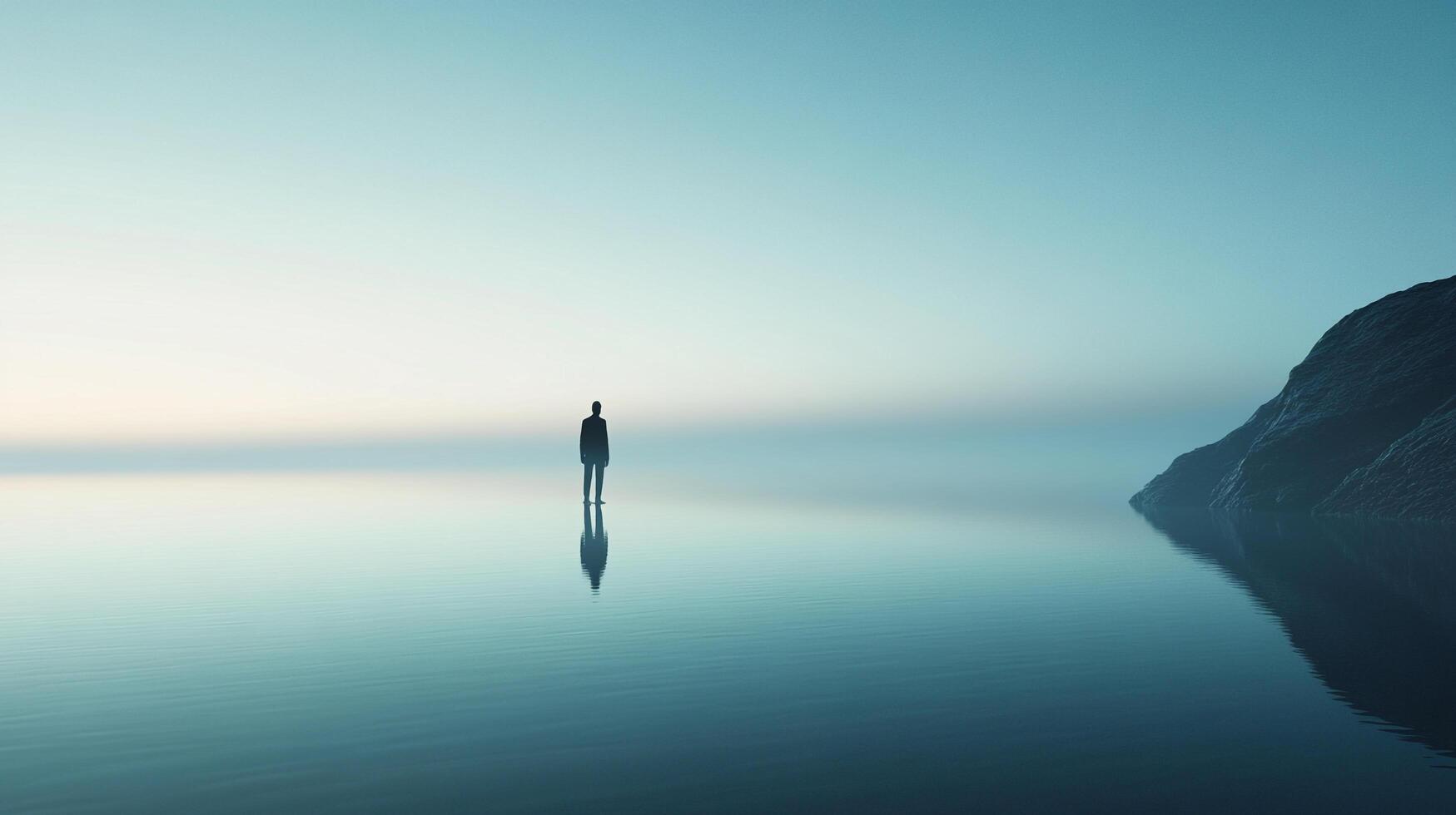 Solitary figure stands at the water's edge. Minimalist, serene, and contemplative. The reflection mirrors the figure in the water. photo