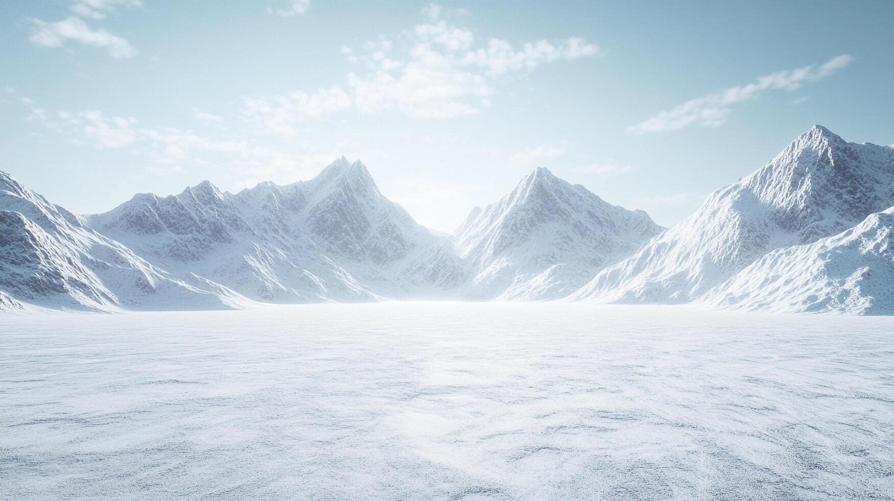 Snow-covered mountains under a bright, slightly cloudy sky. A serene, cold winter landscape with pristine white ground and snow-capped peaks. photo