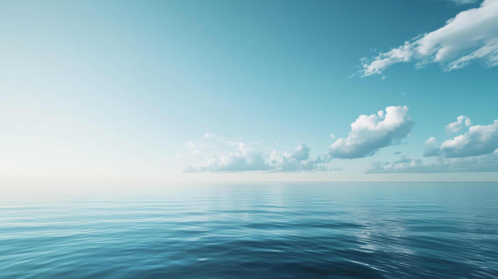 Vast open ocean under a clear sky with fluffy white clouds. Tranquil seascape scene with shades of blue, conveying peace and serenity. photo