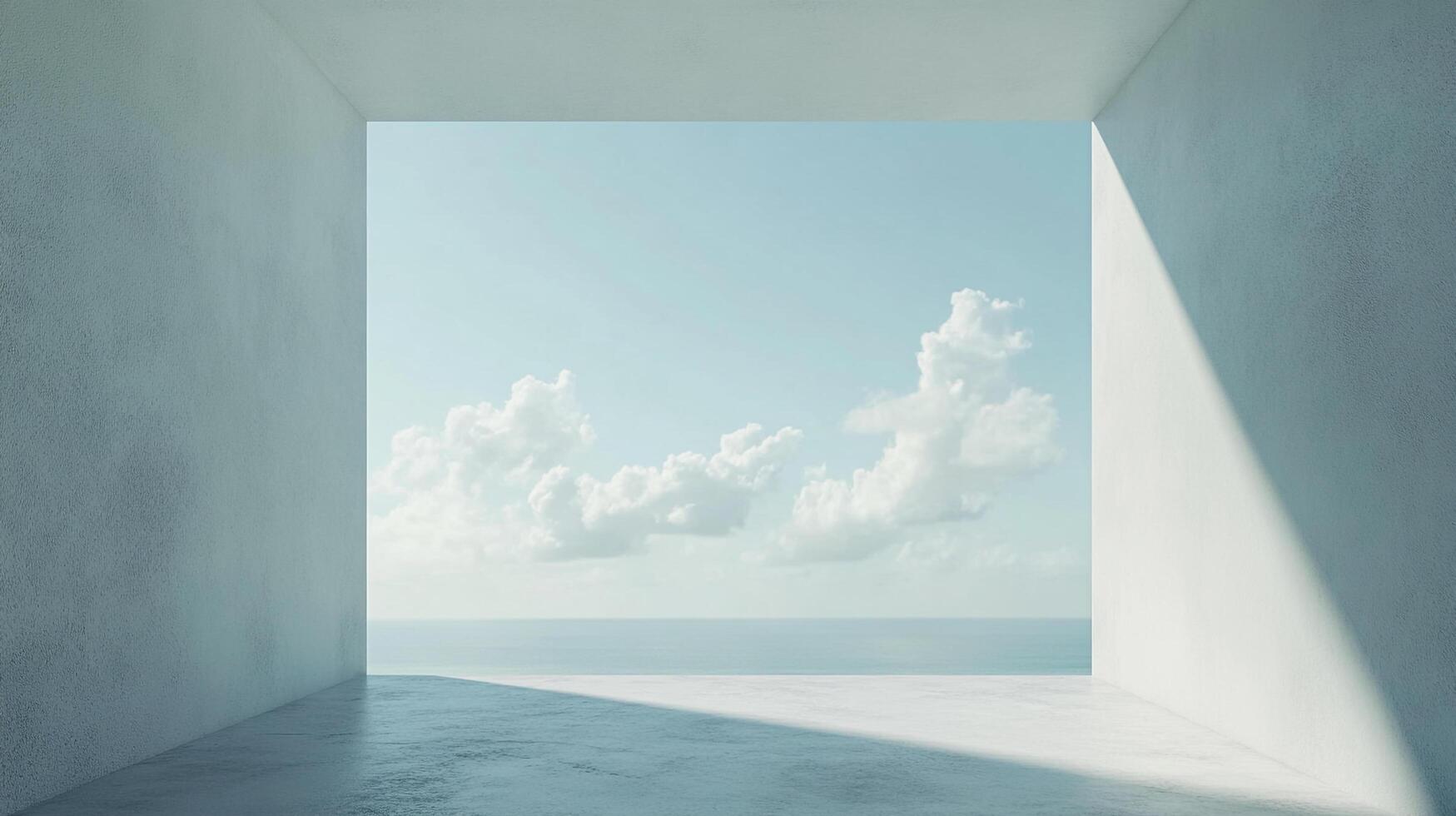 A minimalist space overlooks a serene ocean and expansive sky, creating a peaceful and contemplative view from within the structured architecture. photo
