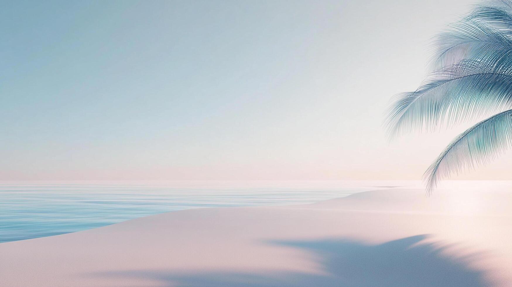 Serene ocean scene featuring a bright sand beach, tranquil turquoise water and palm fronds casting shadows in a minimalist composition. photo
