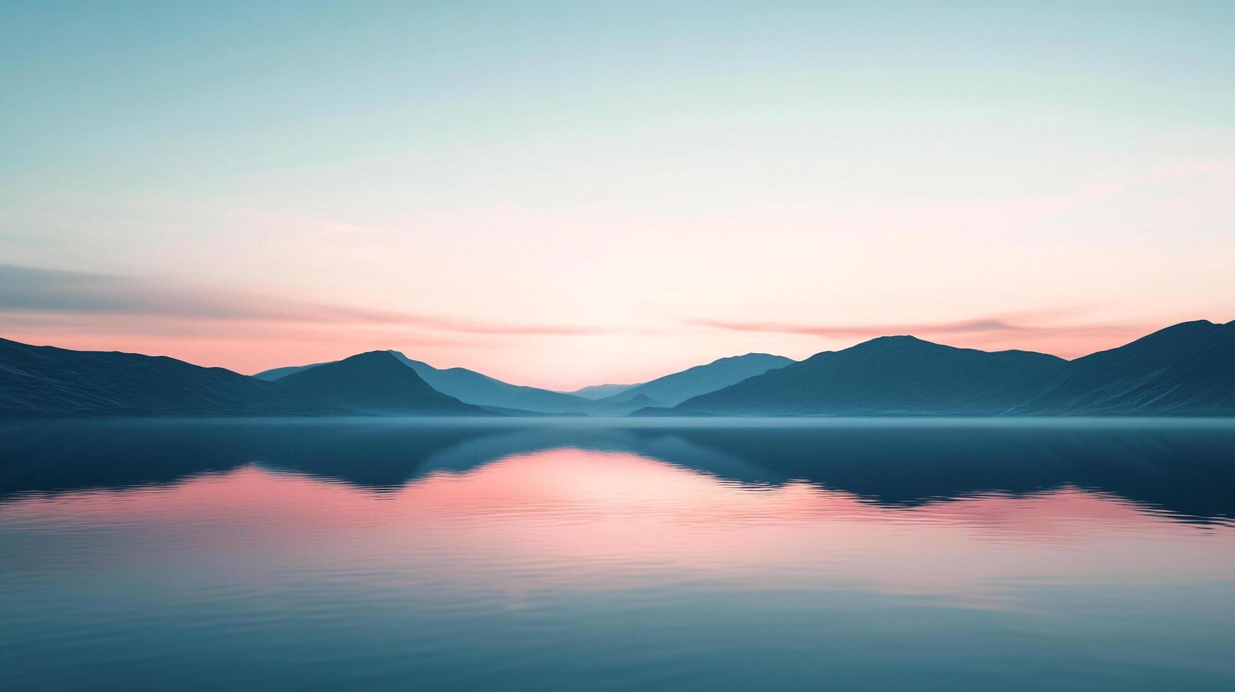 Serene landscape with still lake reflecting distant mountain silhouettes at dawn. Beautiful natural scene evokes peace and tranquility. photo