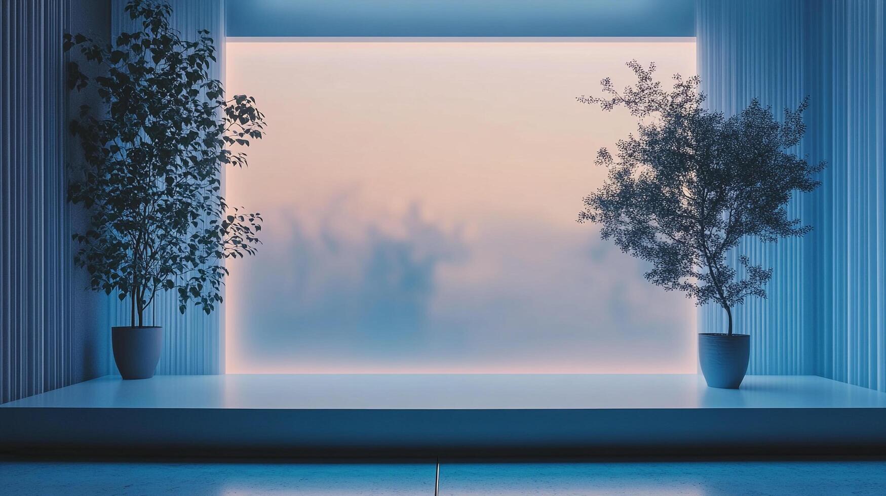 Tranquil interior scene with potted plants framing a soft, dreamy background. A serene composition evoking peace and natural beauty. photo