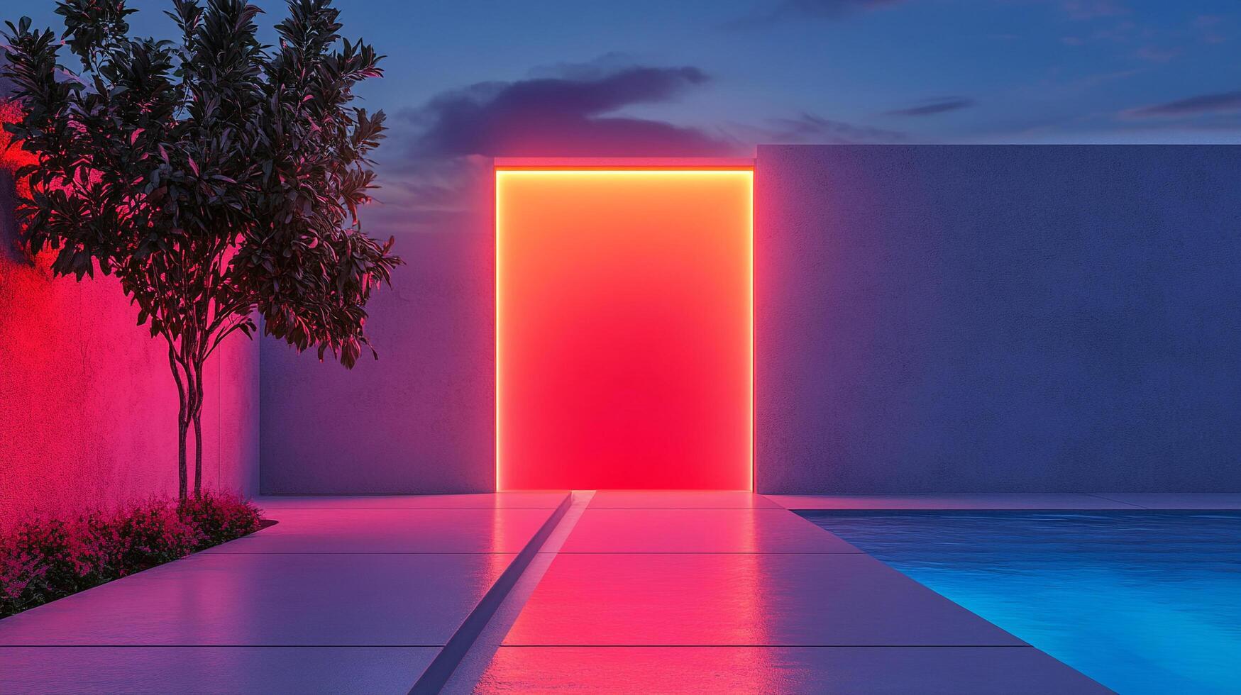 Minimalist architecture highlights a glowing orange portal next to a serene pool, under a twilight sky. Modern design meets tranquility. photo