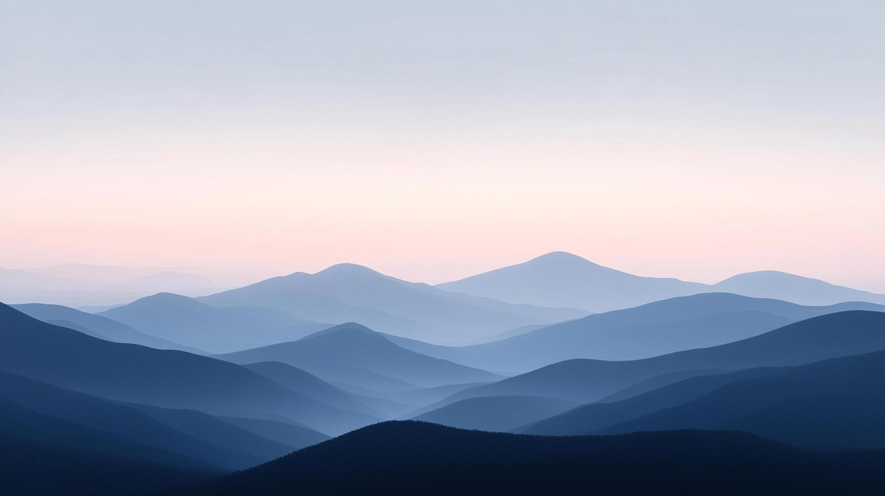 Serene mountain landscape layered in shades of blue with a soft, pastel sky. Calm, minimalist scenic vista showcasing depth and tranquility. photo