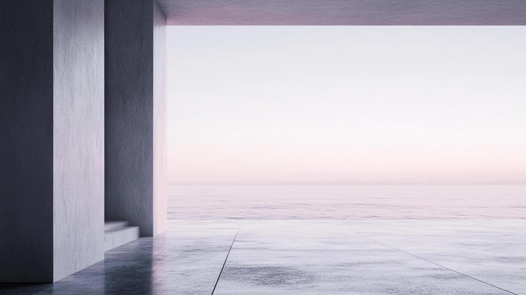 Minimalist concrete structure framing a serene ocean view, capturing a sense of calm and openness with a soft, ethereal atmosphere. photo
