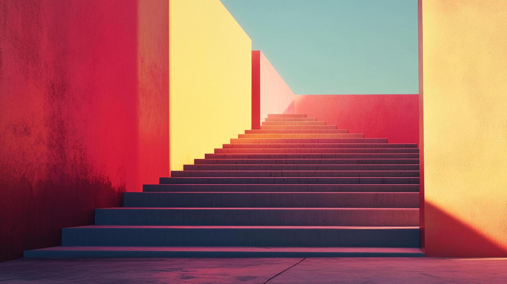 An eye-level captures a geometric concrete staircase bathed in vibrant, warm sunlight against walls of red, yellow and light blue. photo
