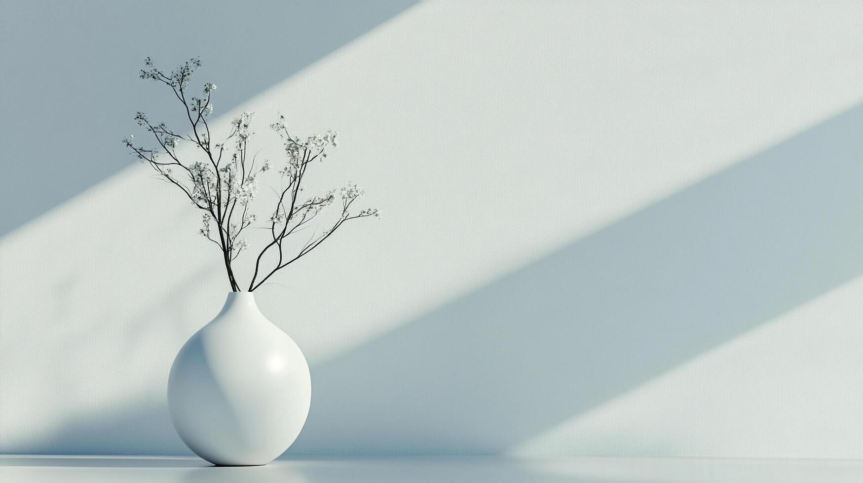 A white vase holding delicate flowers sits in a softly lit room, shadows dancing on the wall behind. Modern, serene, and minimalist. photo