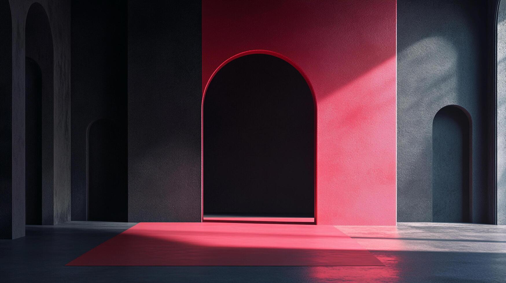 Abstract architectural design with contrasting colors and arched doorways creates a modern, minimalist, and visually striking composition. photo
