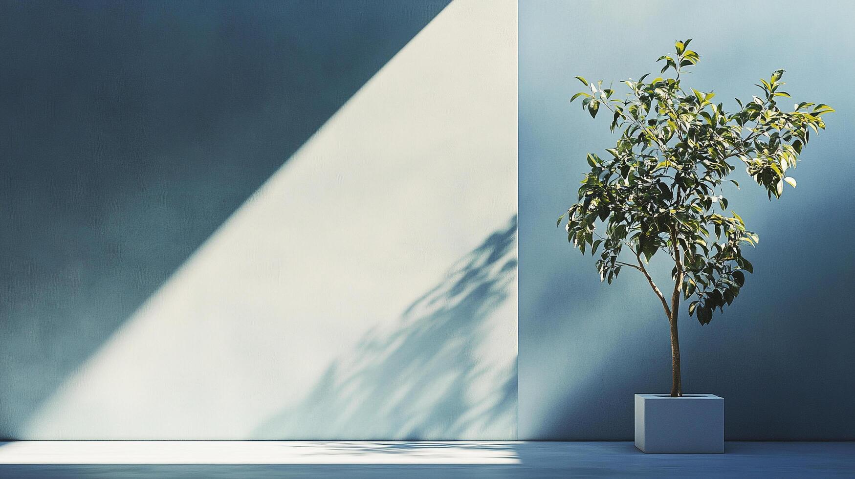 Sunlit plant against a blue wall creates a minimalist and serene ambiance with contrasting shadows for an elegant display of nature. photo