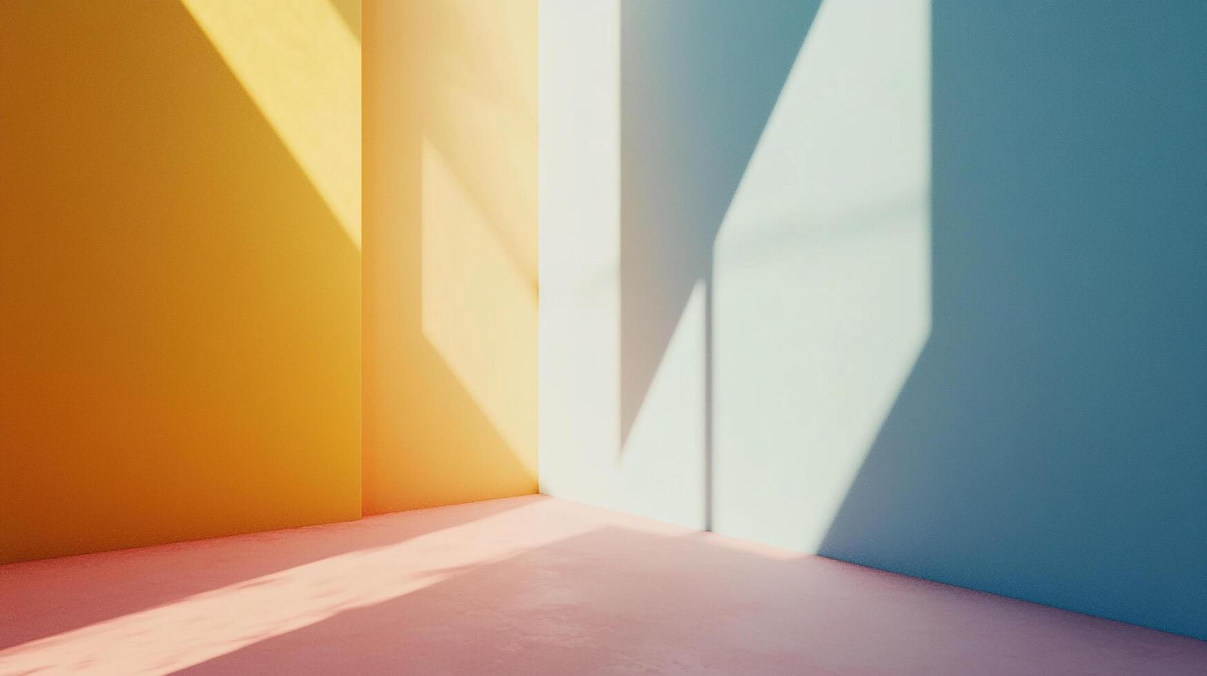 Colorful wall corner with sunlight casting shadows on its surface. Warm and cool tones meet in this peaceful interior space. photo
