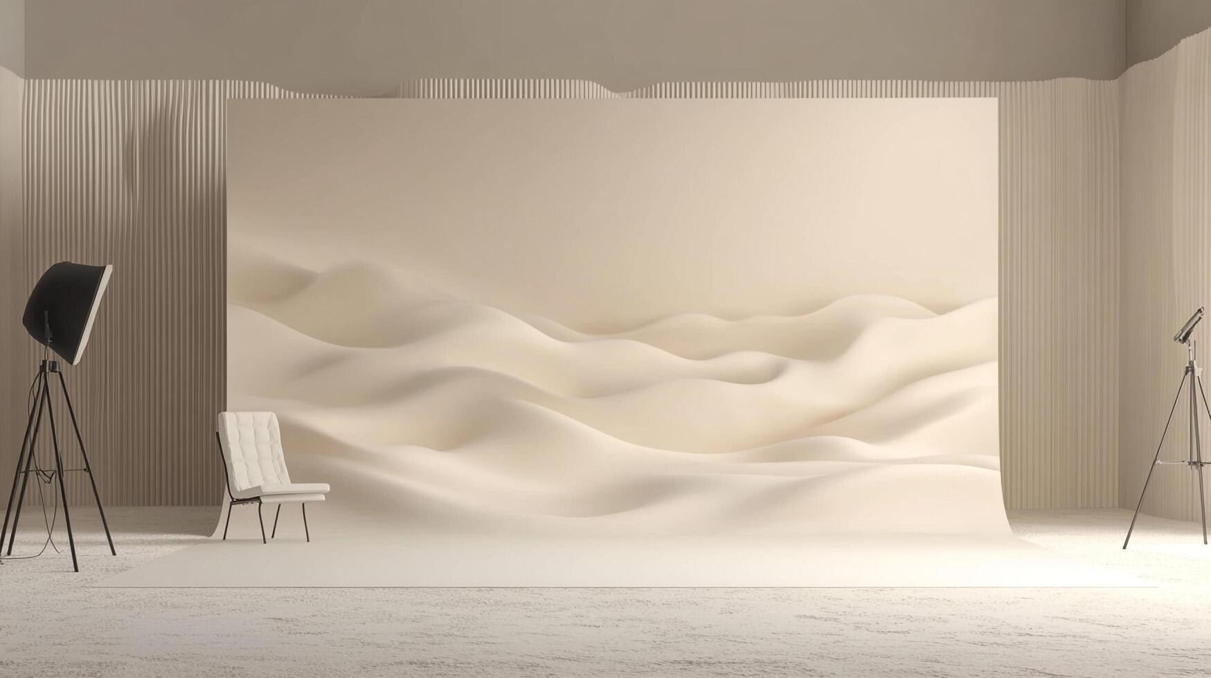 Minimalist studio scene featuring a textured backdrop mimicking sand dunes, illuminated by soft light, with a chair and lighting equipment. photo